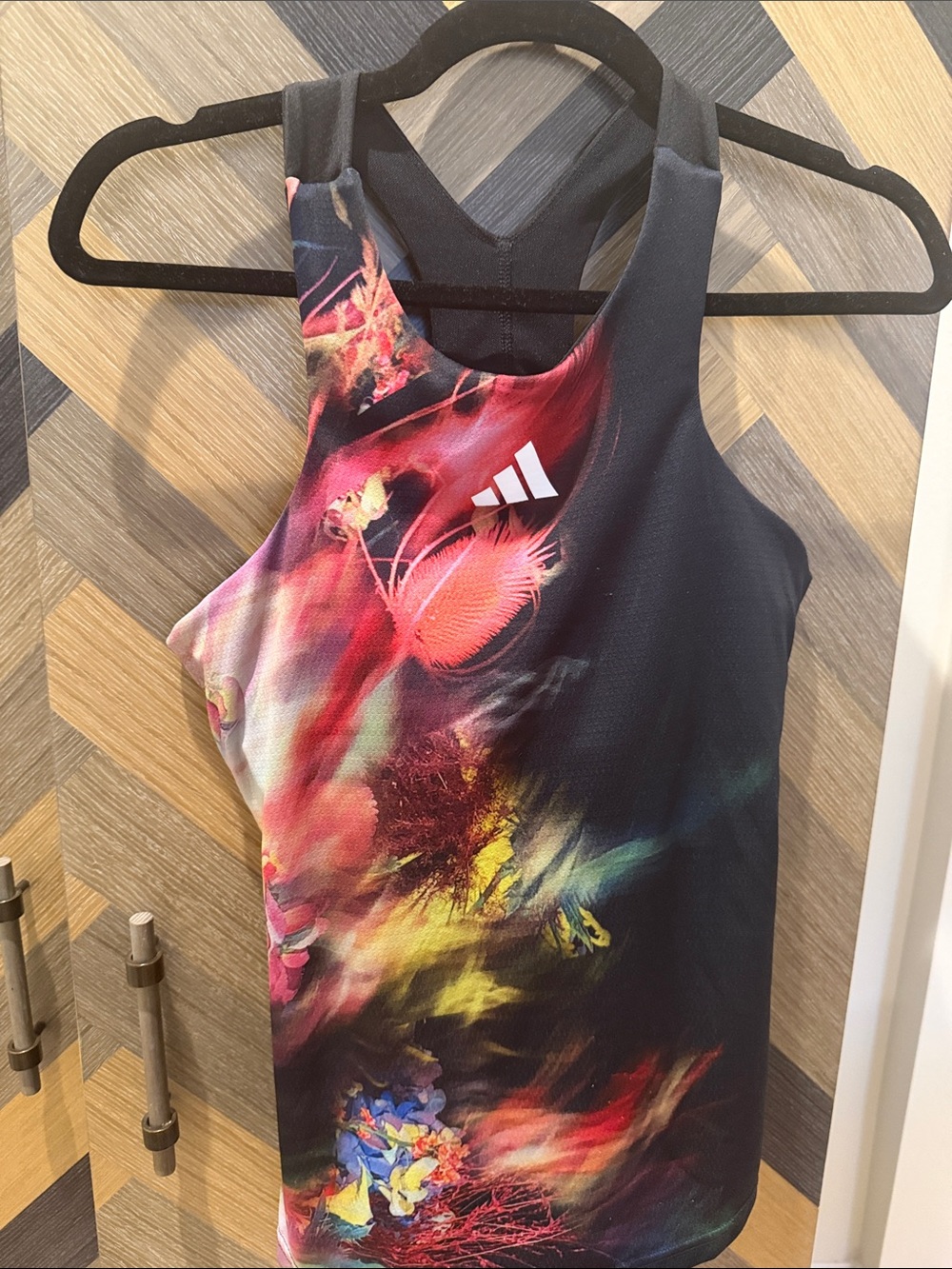 adidas Black Racerback Tank with Red, Yellow & Blue Floral Print
